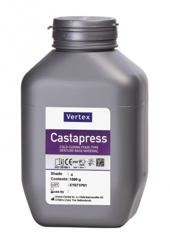 Vertex Castapress пластмасса для изготовления частичных съемных зубных протезов, порошок цвет №4 прозрачный, банка пластиковая 1000гр